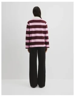 Country Road Australian Cotton Stripe Rugby Polo Sweat in Orchid Pink Strp