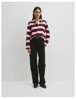 Country Road Australian Cotton Stripe Rugby Polo Sweat in Orchid Pink Strp