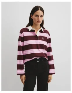 Country Road Australian Cotton Stripe Rugby Polo Sweat in Orchid Pink Strp
