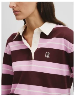 Country Road Australian Cotton Stripe Rugby Polo Sweat in Orchid Pink Strp