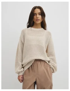 Country Road Longsleeve Relaxed Crochet Knit in Almond