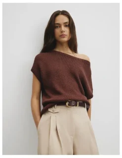 Country Road Organically Grown Cotton Asymmetric Tape Knit T-shirt in Ember