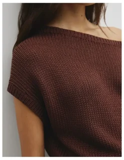 Country Road Organically Grown Cotton Asymmetric Tape Knit T-shirt in Ember