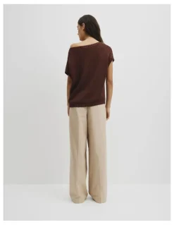 Country Road Organically Grown Cotton Asymmetric Tape Knit T-shirt in Ember