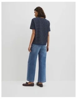 Country Road Stripe Textured Slub T-shirt in Navy Stripe