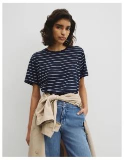 Country Road Stripe Textured Slub T-shirt in Navy Stripe