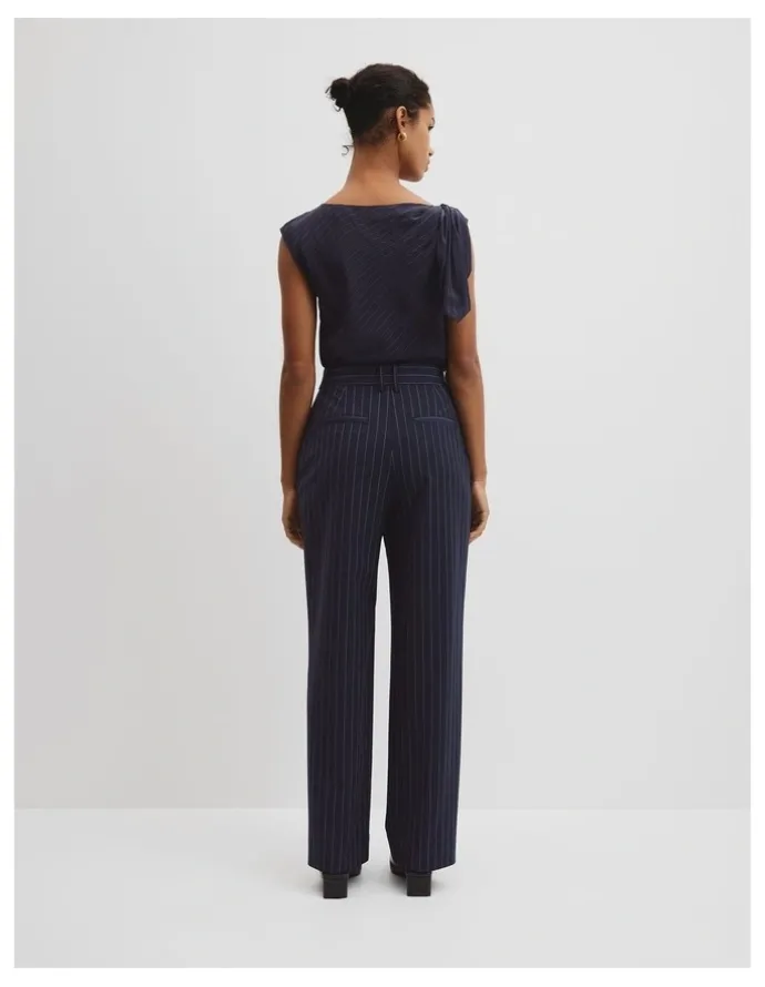 Country Road Wool Blend Tailored Straight Pinstripe Pant in Navy Stripe