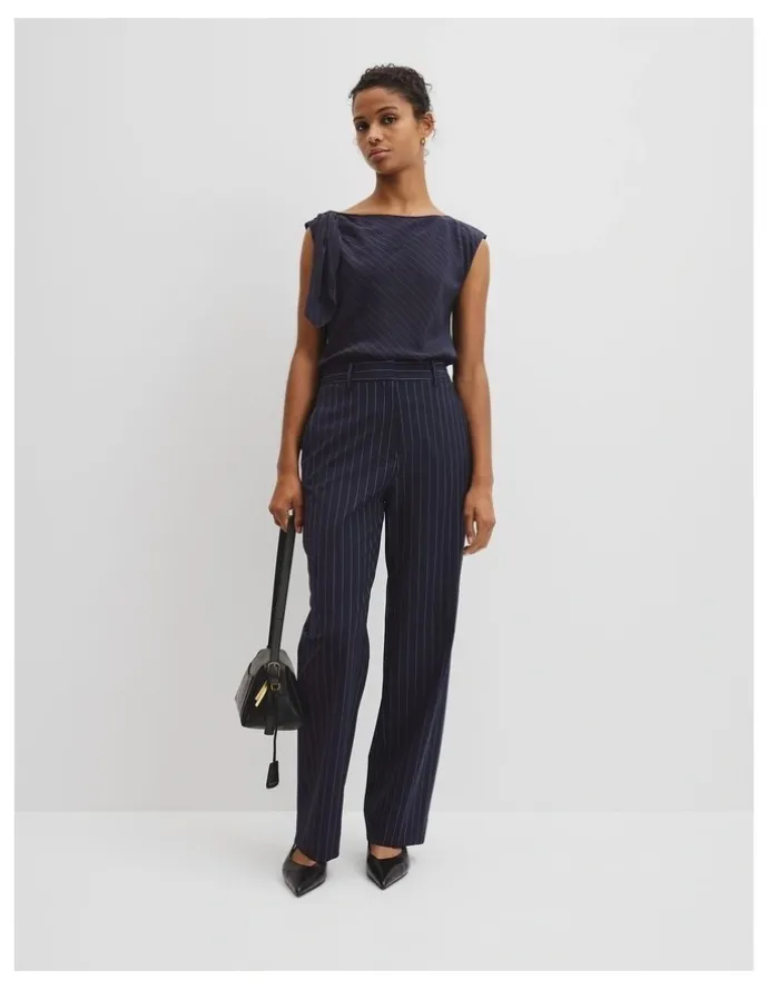 Country Road Wool Blend Tailored Straight Pinstripe Pant in Navy Stripe