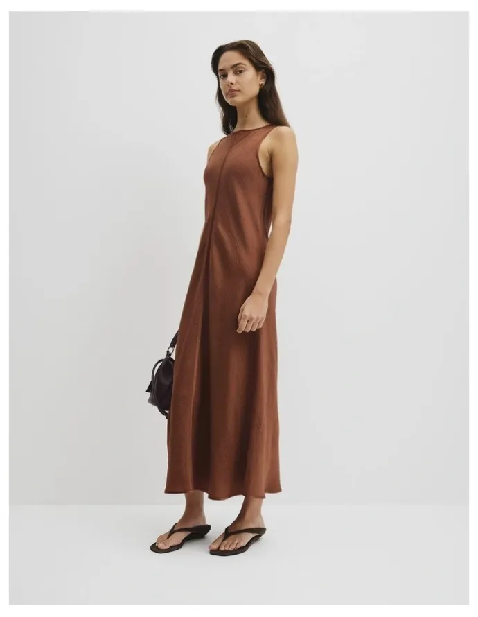Country Road Boat Neck Bias Dress in Deep Chestnut