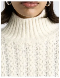 Cue Merino Alpaca Blend Cable Turtle Neck Knit in White
