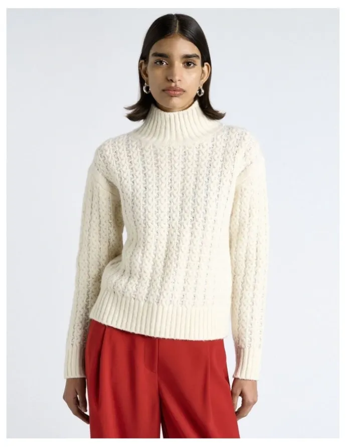 Cue Merino Alpaca Blend Cable Turtle Neck Knit in White
