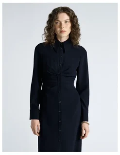 Cue Dark Ink Crepe Ruched Shirt Dress