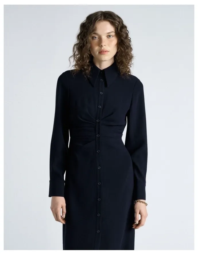 Cue Dark Ink Crepe Ruched Shirt Dress