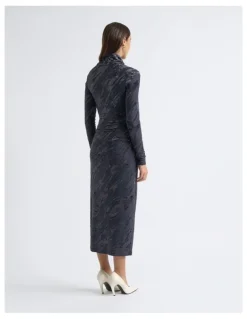 Cue Flocked Long Sleeve Midi Dress