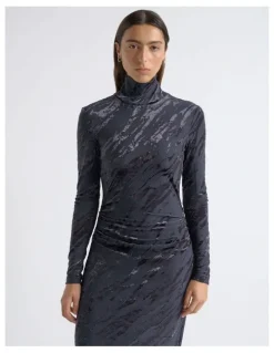 Cue Flocked Long Sleeve Midi Dress