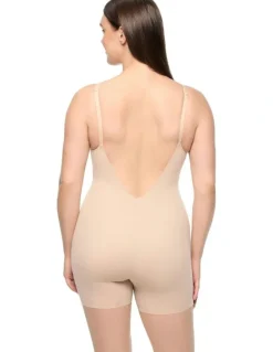 Cupid Shapewear Dress Rehearsal Mid-Thigh Low Back Shapewear Bodysuit in Warm Beige
