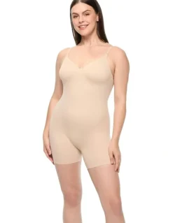 Cupid Shapewear Dress Rehearsal Mid-Thigh Low Back Shapewear Bodysuit in Warm Beige