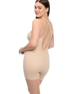 Cupid Shapewear Dress Rehearsal Mid-Thigh Low Back Shapewear Bodysuit in Warm Beige