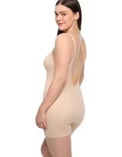 Cupid Shapewear Dress Rehearsal Mid-Thigh Low Back Shapewear Bodysuit in Warm Beige