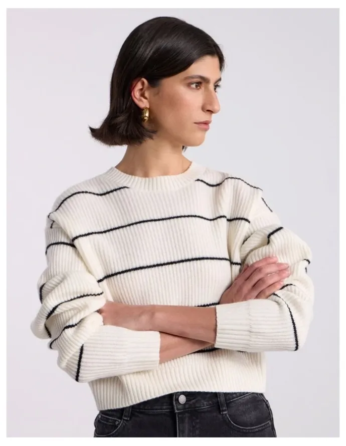 David Lawrence Nova Crop Merino Knit in Black Stripe