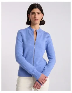 David Lawrence Zip Thru Merino Cardi in Periwinkle Melange