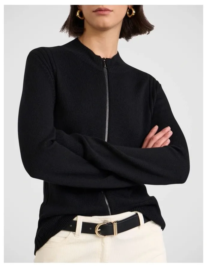 David Lawrence Zip Thru Merino Cardi in Black