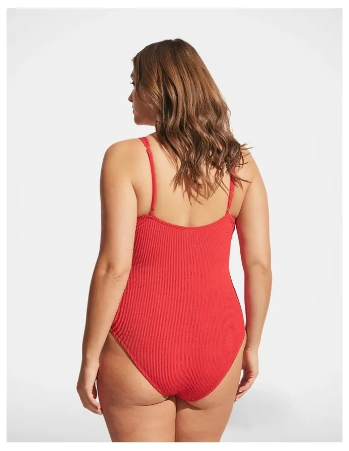 DECJUBA Crinkle Tie Front One Piece in Crimson Red