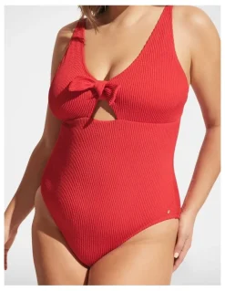 DECJUBA Crinkle Tie Front One Piece in Crimson Red