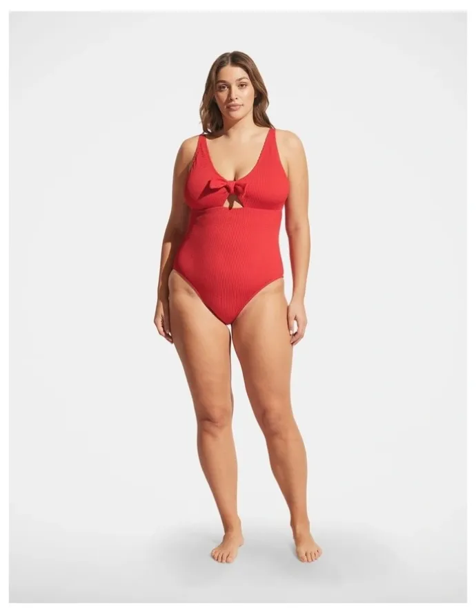DECJUBA Crinkle Tie Front One Piece in Crimson Red