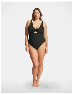 DECJUBA Crinkle Tie Front One Piece in Black