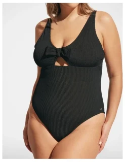 DECJUBA Crinkle Tie Front One Piece in Black