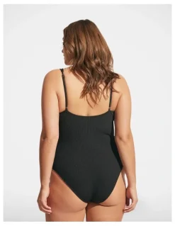 DECJUBA Crinkle Tie Front One Piece in Black