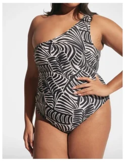 DECJUBA Matte One Shoulder One Piece in Stencil Palm