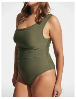 DECJUBA Matte One Shoulder One Piece in Green
