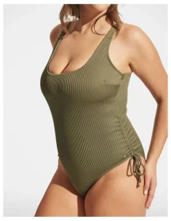 DECJUBA Rib Drawcord One Piece in Soft Olive