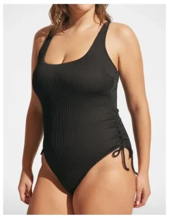 DECJUBA Rib Drawcord One Piece in Black