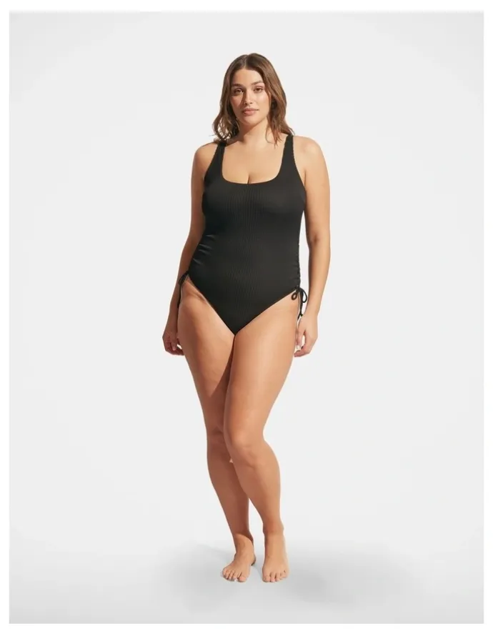 DECJUBA Rib Drawcord One Piece in Black