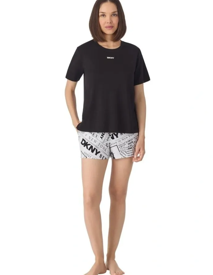 DKNY Cotton Jersey Short Sleeve T-Shirt & Boxer Short Pyjama Set in White Newspaper