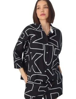 DKNY Woven Cotton & Viscose Button Up Short Pyjama Set in Black Exploded Letters