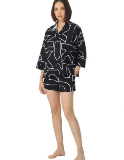 DKNY Woven Cotton & Viscose Button Up Short Pyjama Set in Black Exploded Letters