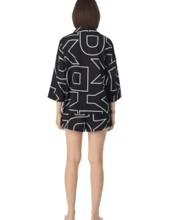 DKNY Woven Cotton & Viscose Button Up Short Pyjama Set in Black Exploded Letters