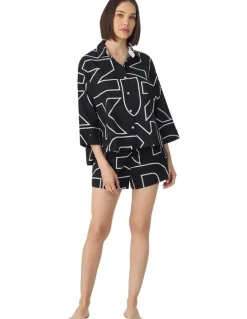 DKNY Woven Cotton & Viscose Button Up Short Pyjama Set in Black Exploded Letters