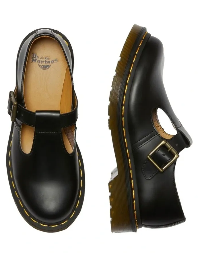 Dr Martens Polley T-bar Shoes in Black Smooth