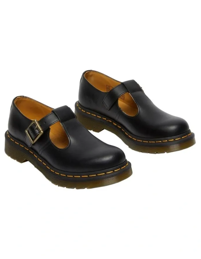 Dr Martens Polley T-bar Shoes in Black Smooth