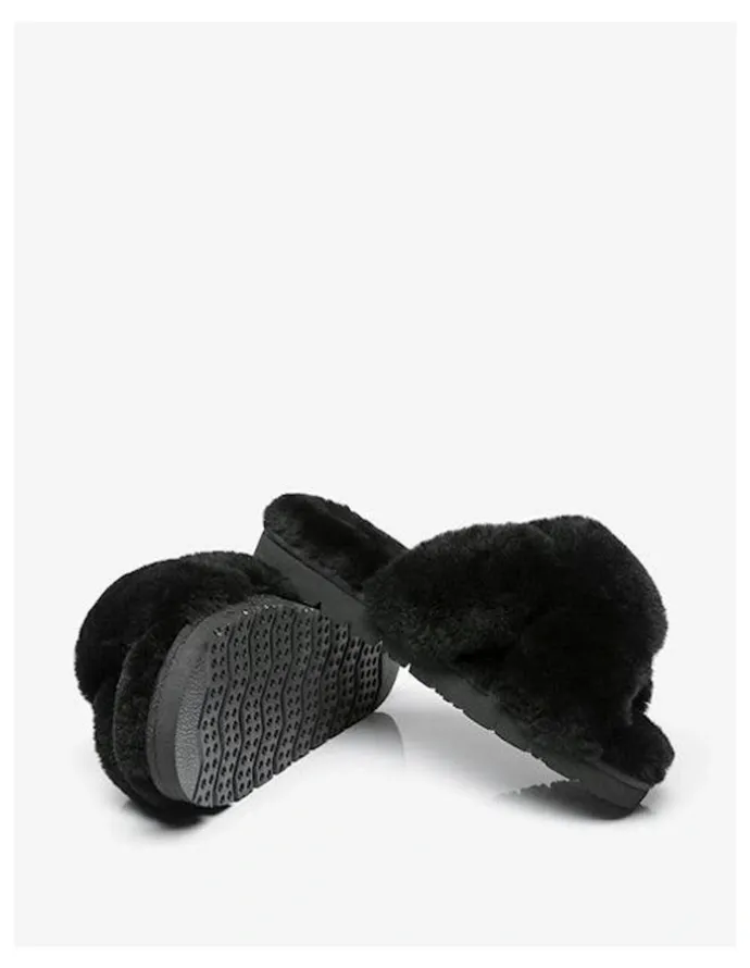 Ever AU Leanna Fluffy Cross Straps Slide in Black