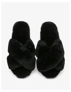 Ever AU Leanna Fluffy Cross Straps Slide in Black