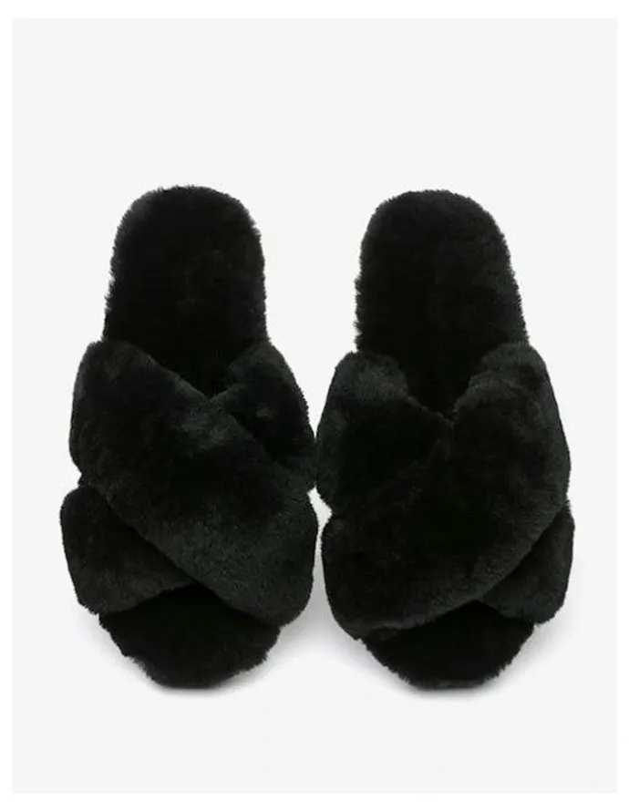 Ever AU Leanna Fluffy Cross Straps Slide in Black