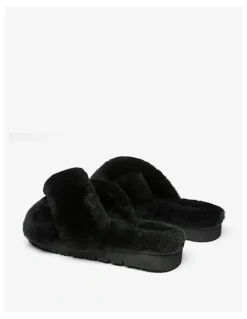 Ever AU Leanna Fluffy Cross Straps Slide in Black