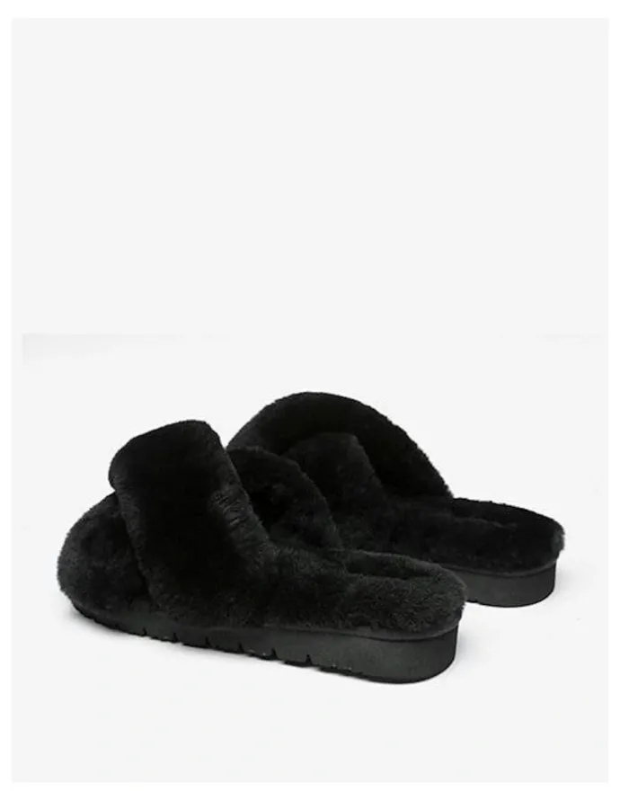 Ever AU Leanna Fluffy Cross Straps Slide in Black