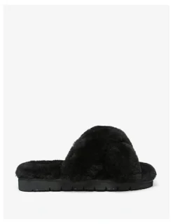 Ever AU Leanna Fluffy Cross Straps Slide in Black